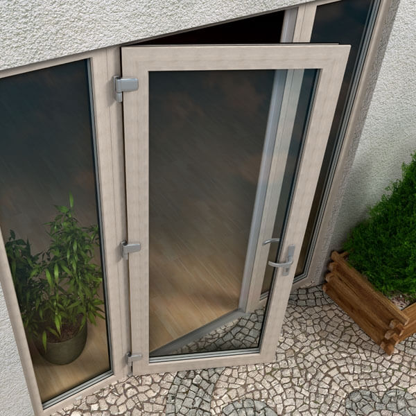 Porte patio in PVC aperte verso l'esterno.