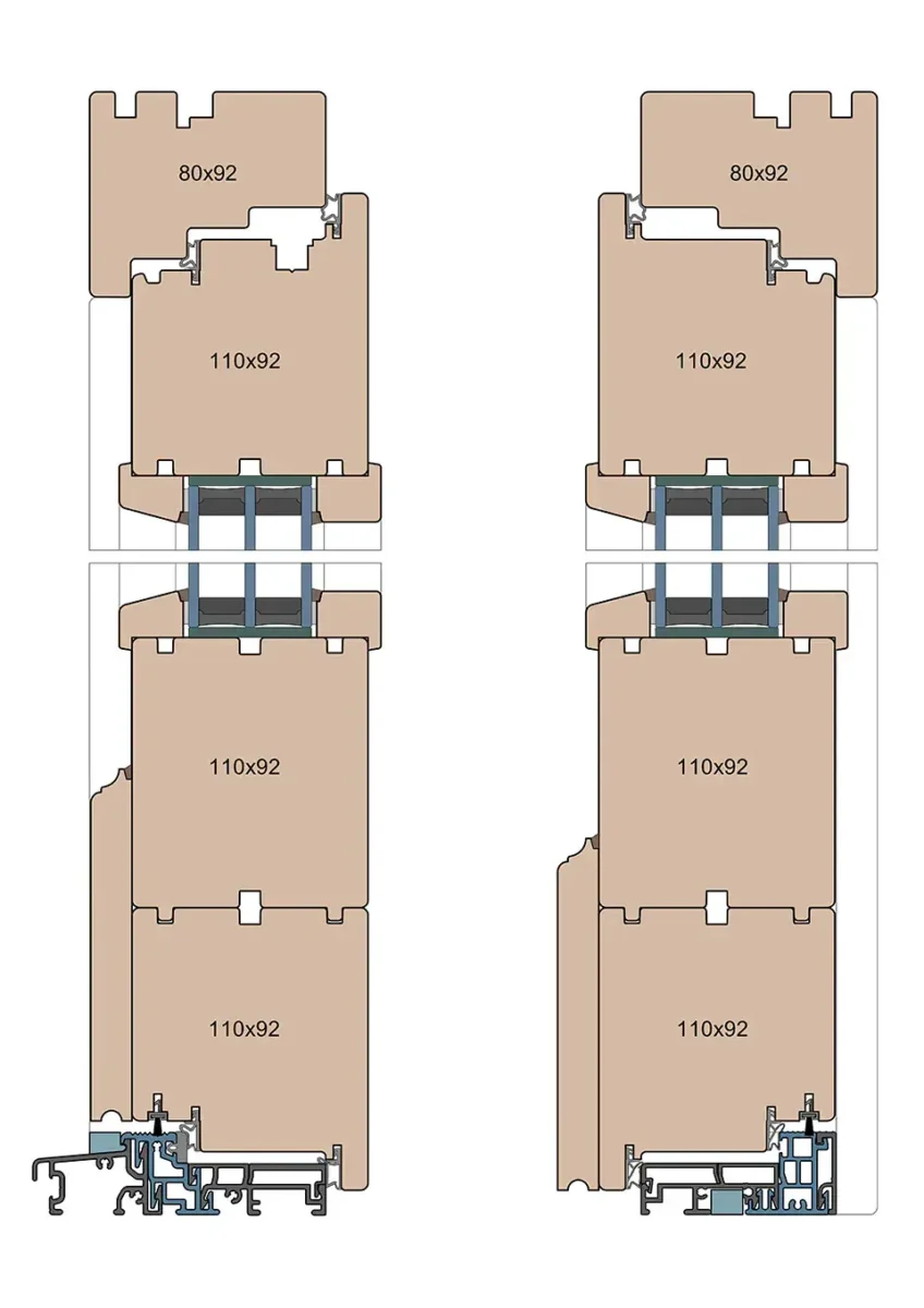 Sezione di una porta in legno con listello a doppia faccia