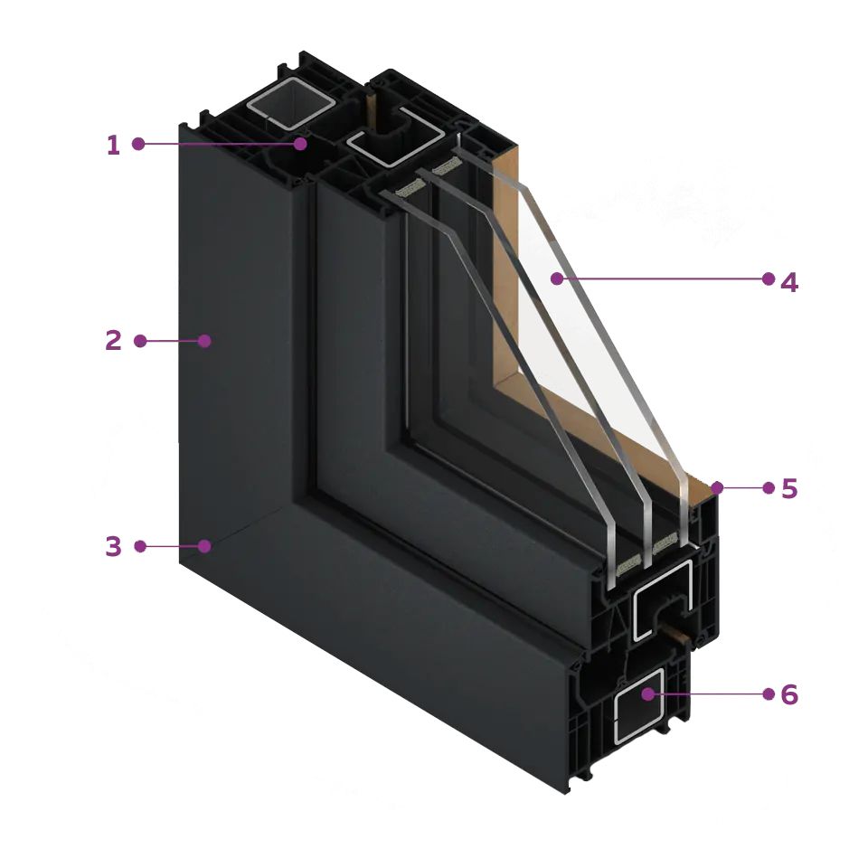 Przekrój okna FORMA w ciemnej okleinie od strony zewnętrznej i drewnopodobnej okleinie od strony wewnętrznej.