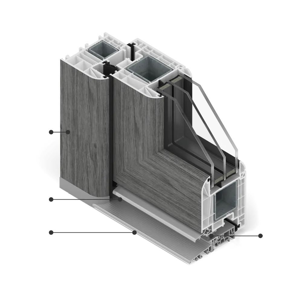 Przekrój okna MS evolution [82] w okleinie Concrete z progiem aluminiowym.